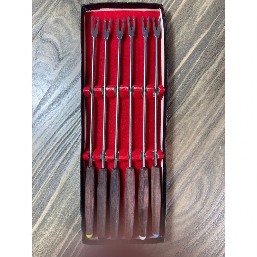 Hankyu Fondue Fork Set of 6 Mid Century Modern Japan 152 Brown Stainless Steel
